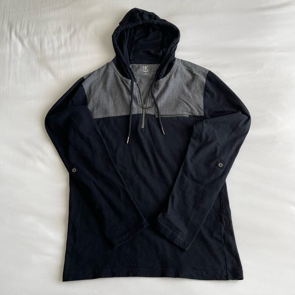 INC International Concepts Men Black Hoodie Zip Color Block Sweater Size Small